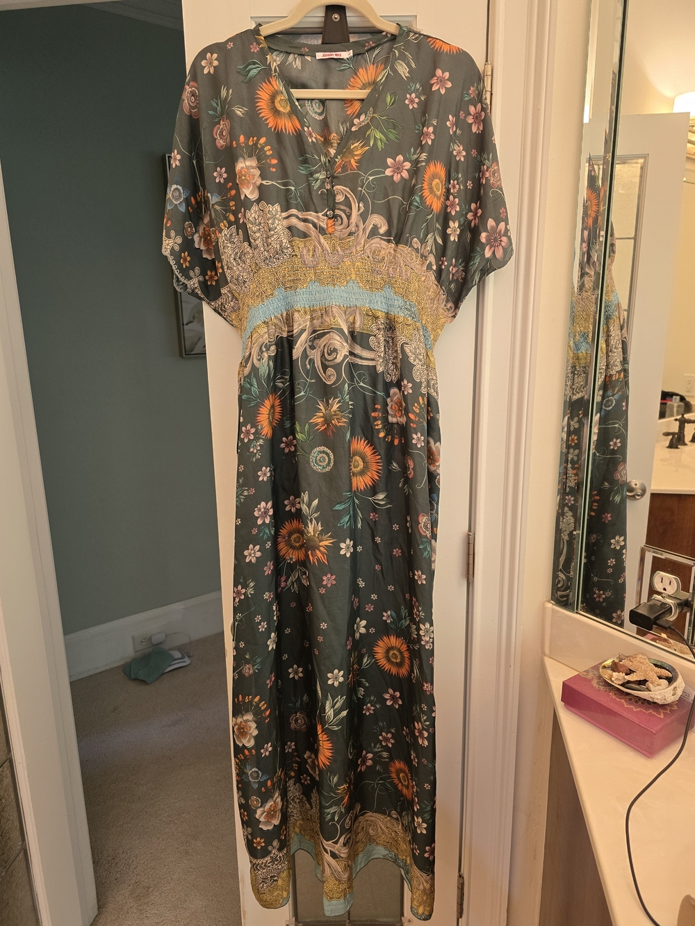 Johnny Was 100% SILK Teal Dress with Orange Sunflowers. Size L - Picture 7 of 7